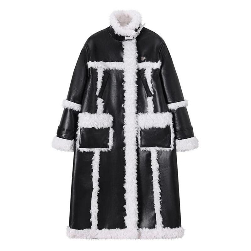 Women's Lamb Wool Splicing Trench Lapel Single Breasted Mid-ccalf Full Sleeve Black Suede Windbreak