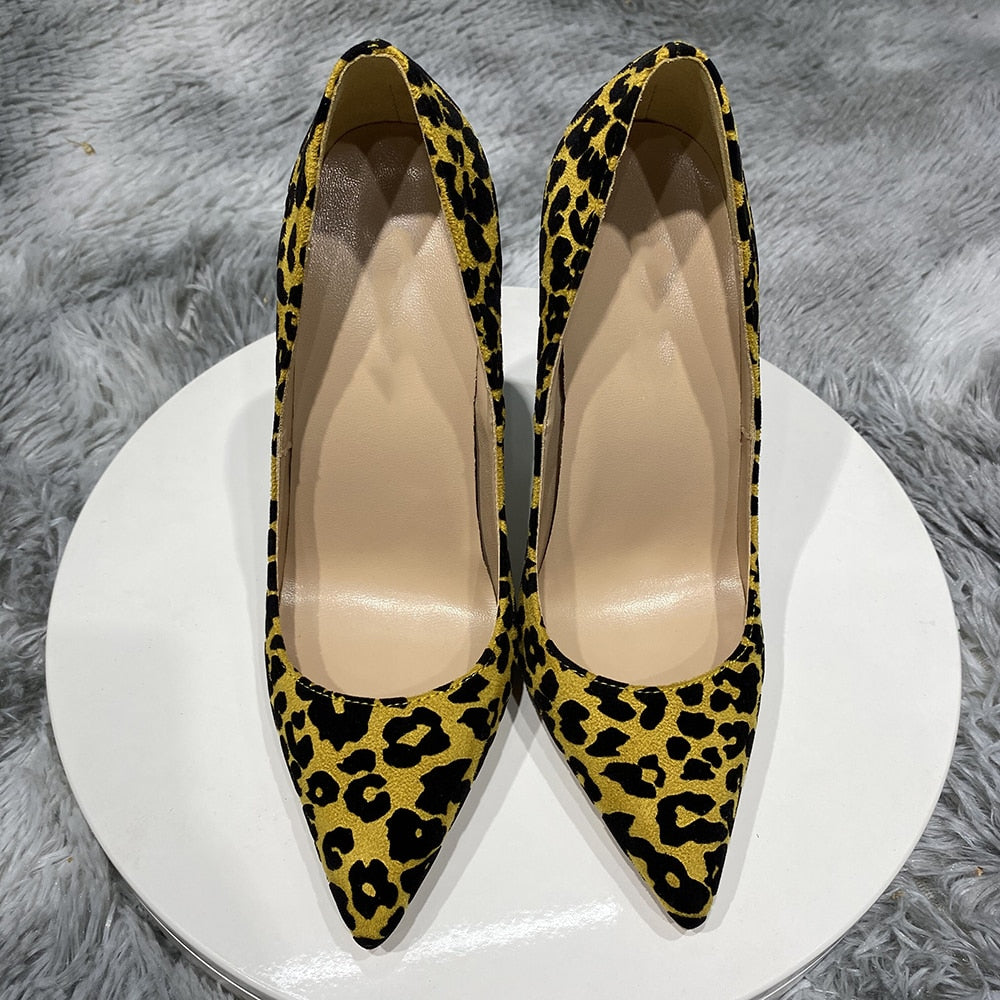 Synthetic Suede Flock Women Leaopard Pointy Toe High Heel Shoes Sexy Celebrity Party Stilettto Pumps 8cm 10cm 12cm
