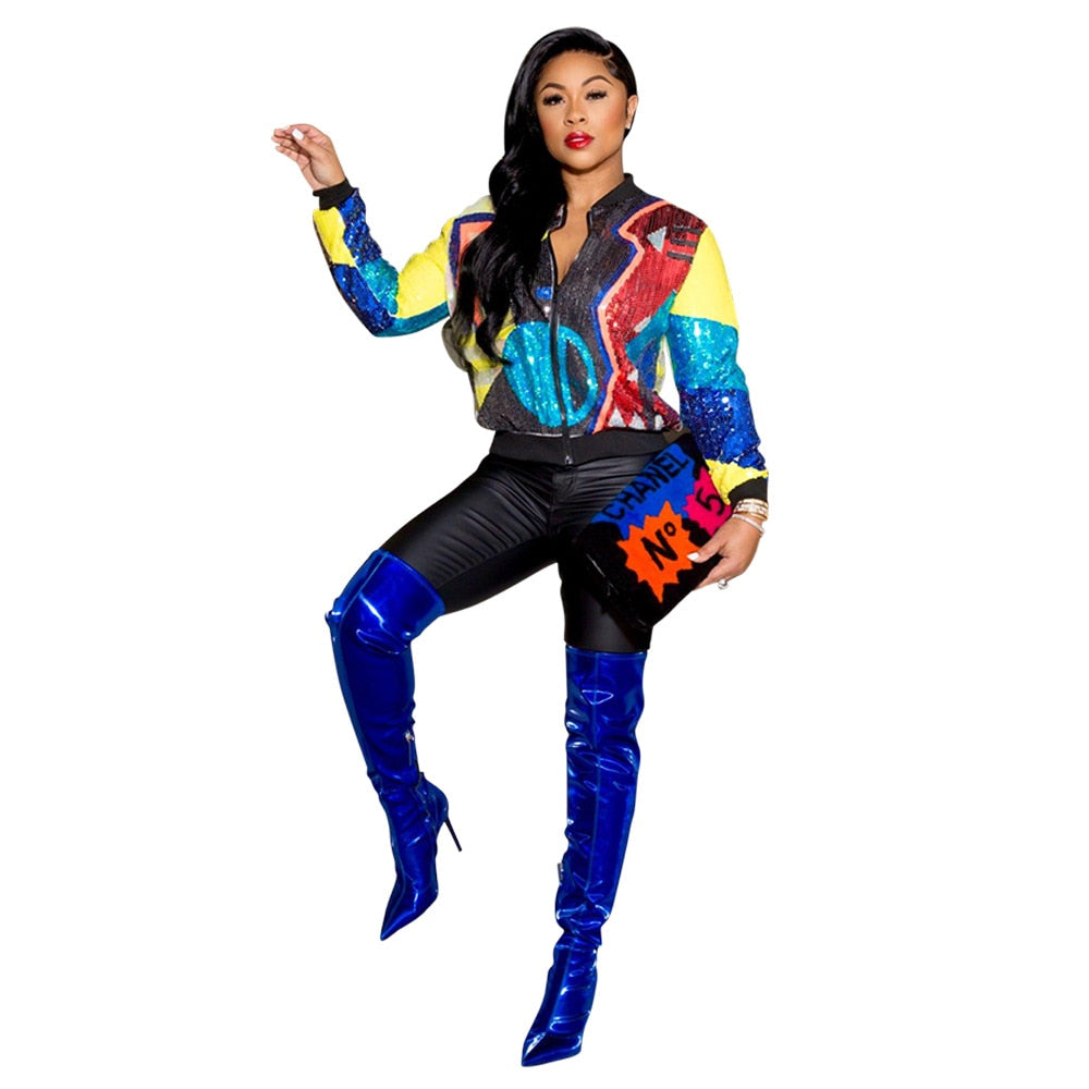 PING ZHAO Women Sequin Bomber Jacket Long Sleeve Zipper Streetwear Casual Loose Glitter Outerwear