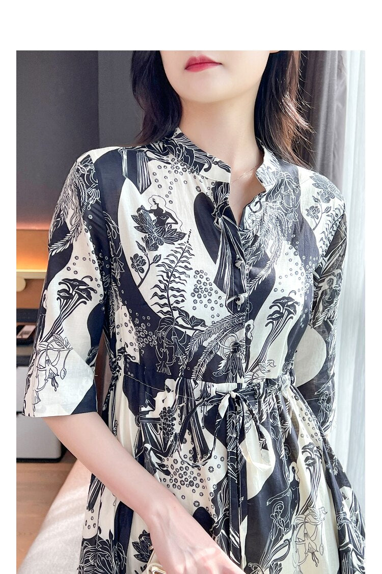 Tingfly Women Fashion Vintage Floral Print Shirt Dresses Drawstring Waist with Tassel Belt Lady Office Work Dress Midi Long Robe