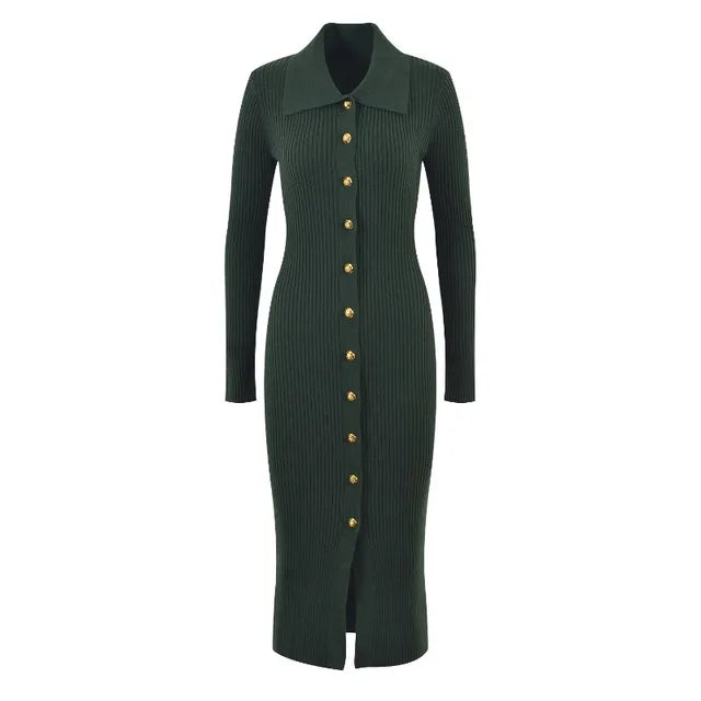 Sweater Dress Women Luxury Single Breasted Long Sleeve Knitted Dresses Autumn Winter Clothing