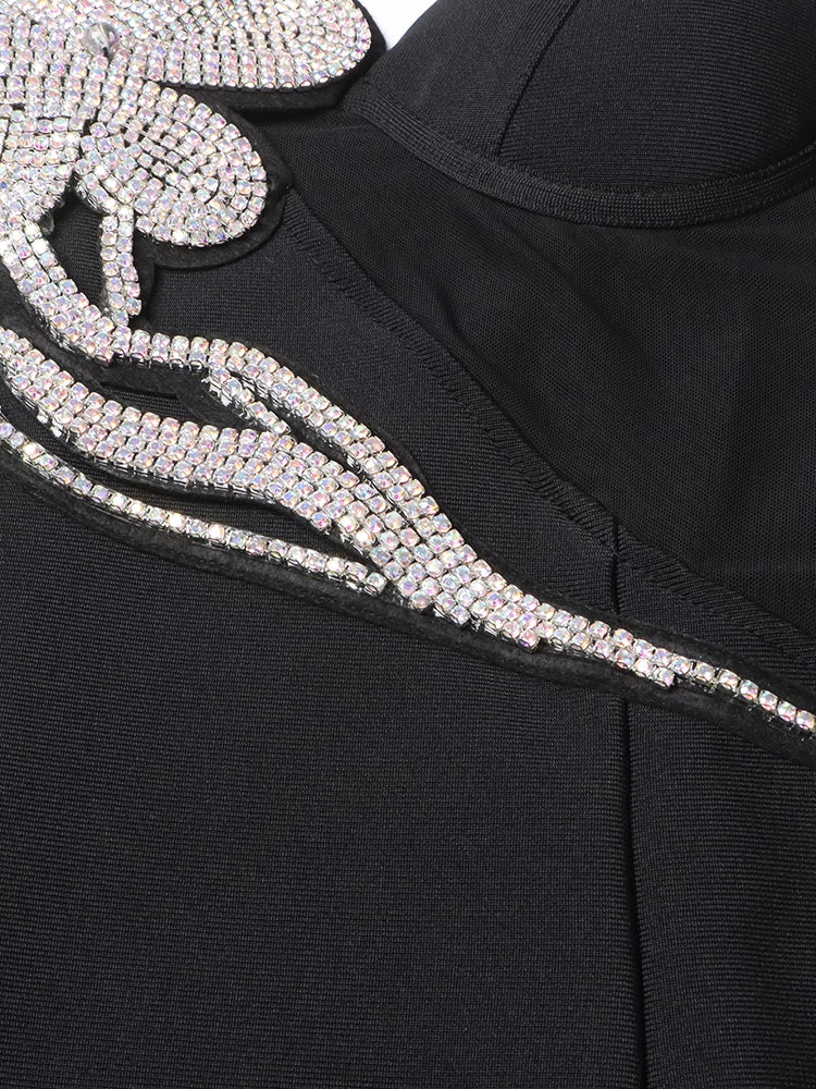Solid Patchwork Diamonds Slimming Sexy Dresses For Women Square Collar Sleeveless High Waist Irregular Dress Female