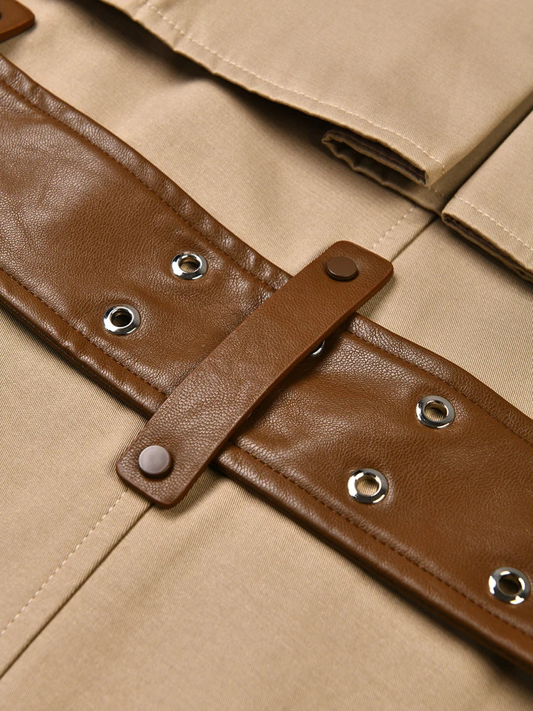 Camel Pu Leather Spliced Big Size Trench Women New Lapel Long Sleeve Windbreaker Fashion Tide Spring Autumn