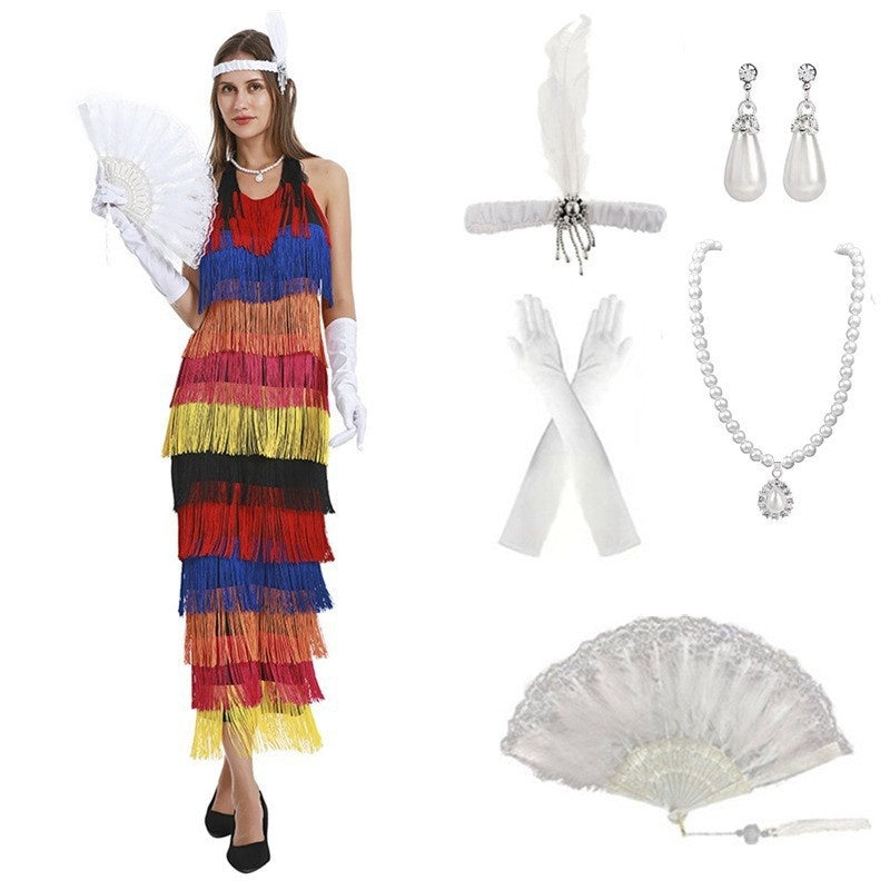 Peacock Dance Women's Bohemia Rainbow Tassel Dress, Sexy Backless Evening Gown for Stage Performance