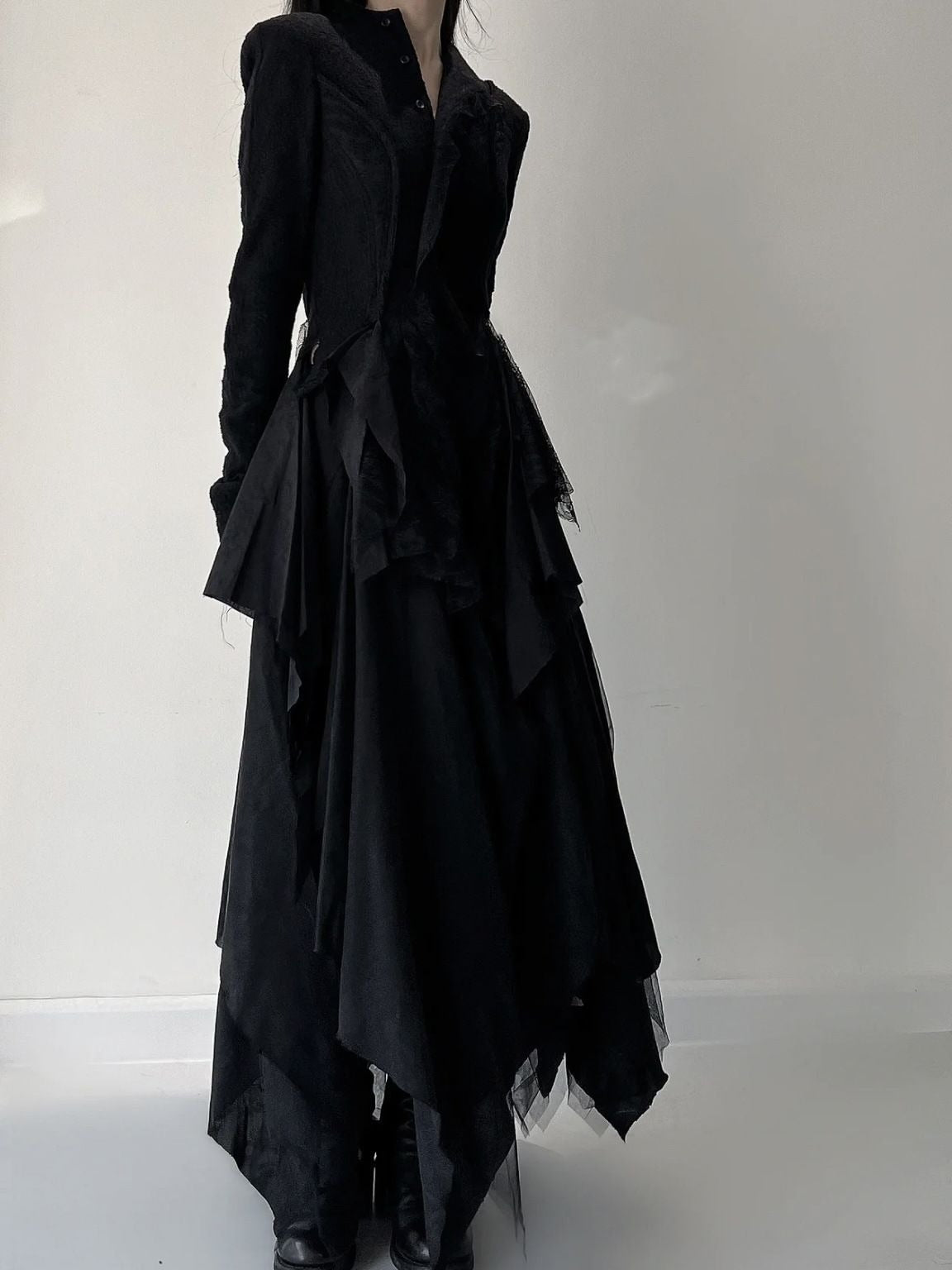 Solid Spliced Lace Blouses For Women Round Neck Long Sleeve Tunic Irregular Hem Skimming Shirt