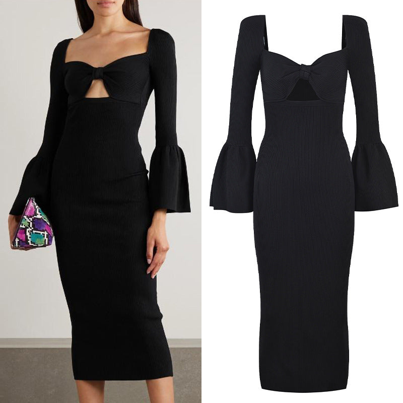 women fashion Jersey dress square collar flare sleeve hollow out medium strech slim female autumn dresses