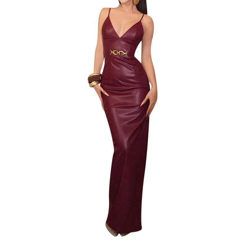 Sexy slit high waisted metal buckle suspender leather skirt for women