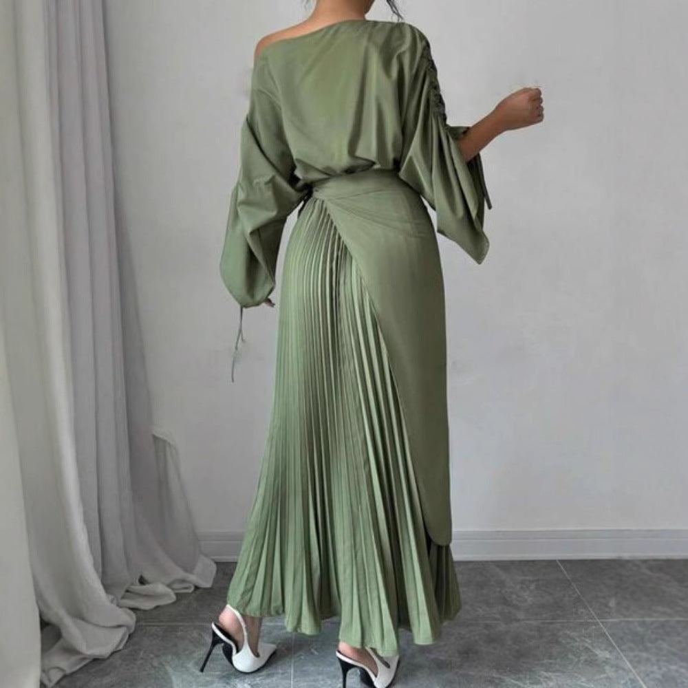 Pleated Flared Hem Evening Dress with Waistband for Women