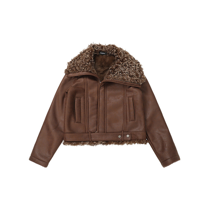 Collar Turn-Down Lapel Biker Leather Jacket with Lining Women's Thick Warm Coat