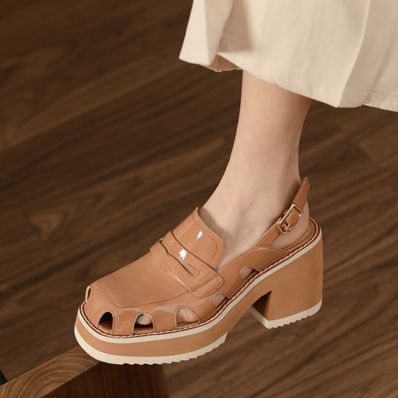 Muffin Thick Bottom Hollow Breathable New Retro Thick Bottom Toe Leather Back Empty Belt Sandals