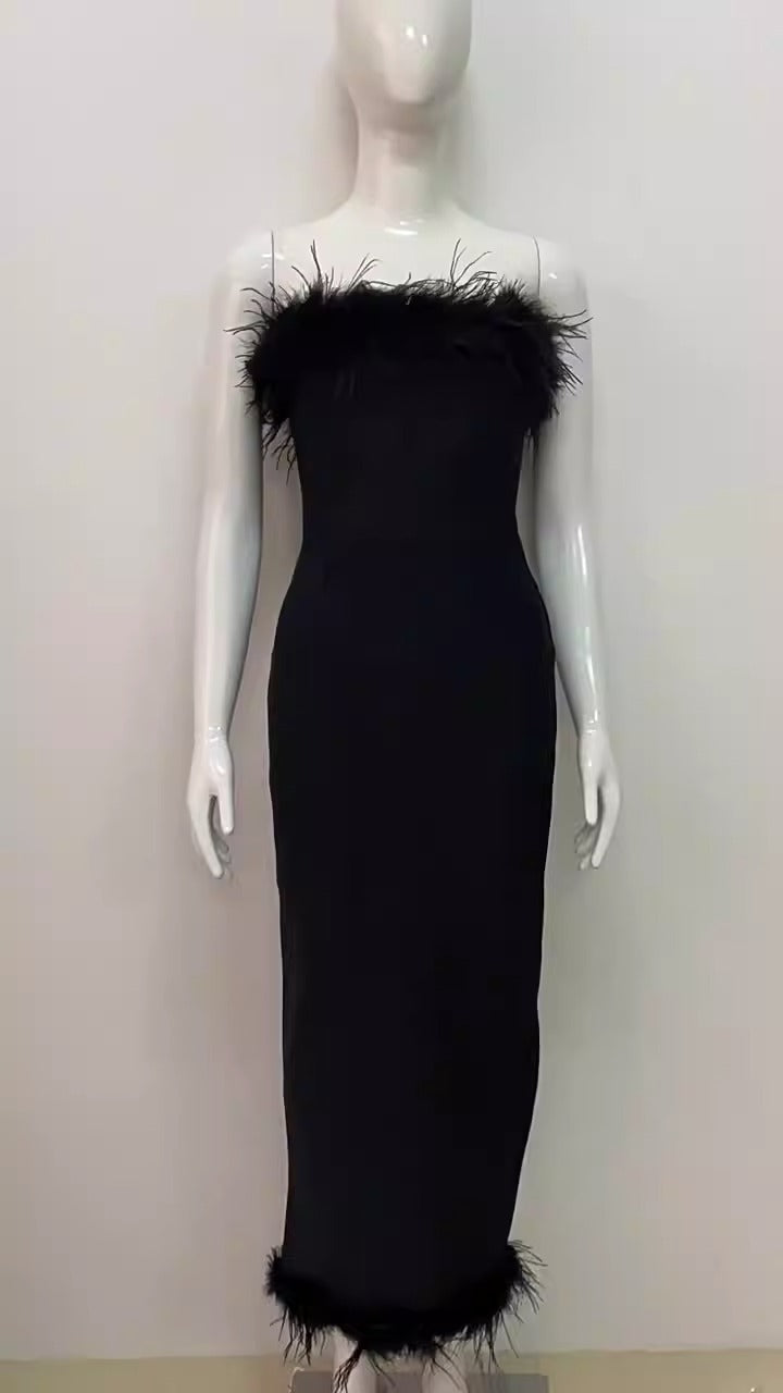 Patchwork Feathers Dresses For Women Strapless Sleeveless High Waist Tunic Slimming Solid Elegant Dress