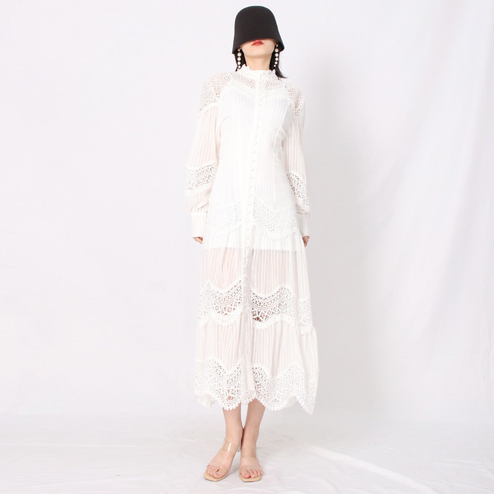 Elegant Dress For Women Stand Collar Long Sleeve High Waist Solid Midi Dresses Female Spring Clothing Style