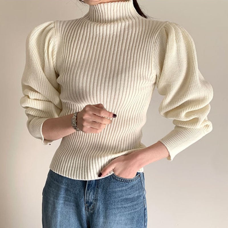 Slim Fit Women's Pullover Sweater with Puff Sleeves