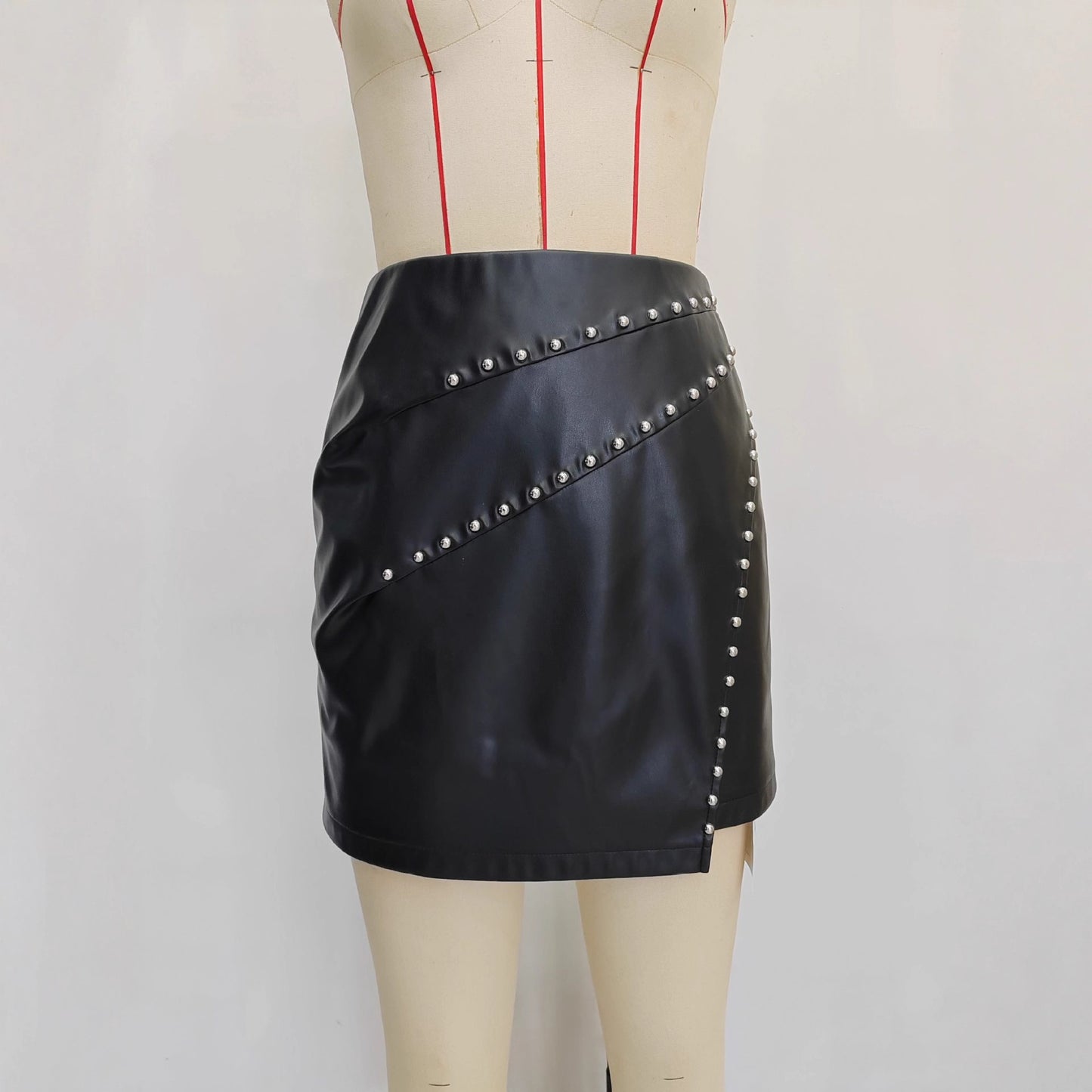 PU leather skirt high waist A-line skirt