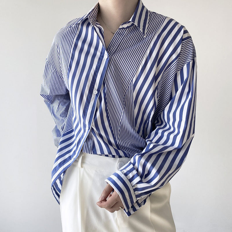Women's Stripe Shirt Lapel Long Sleeves Single Breasted Irregular Spliced Blue Blouses Autumn