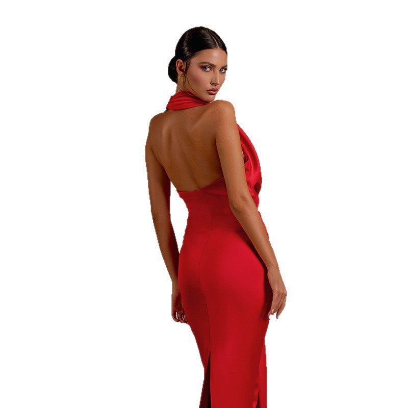 Backless Halter Neck Satin Evening Dress Women's Long Dress