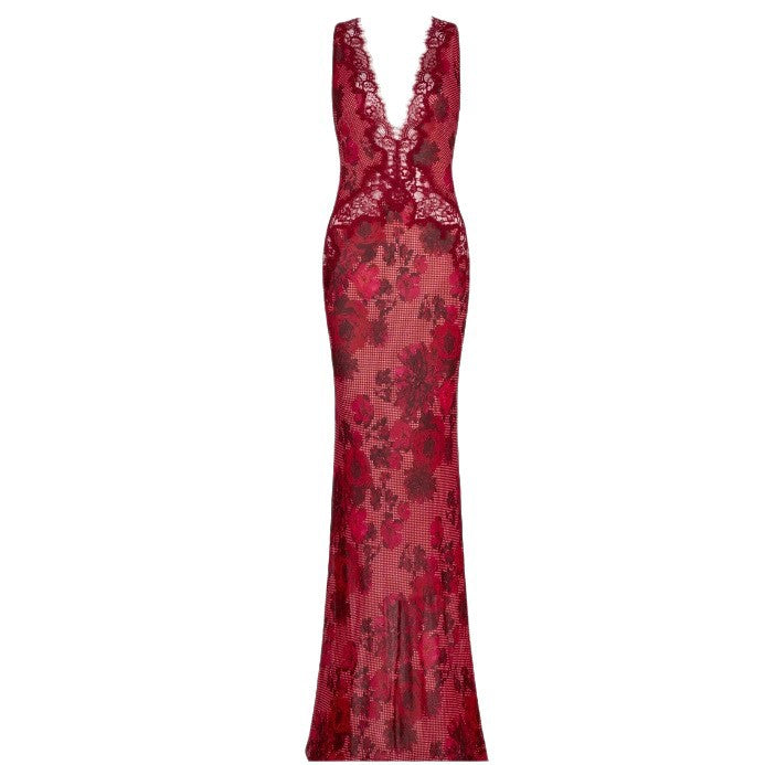 Sexy Lace Deep V-Neck Sleeveless Backless Fitted Evening Dress for Women