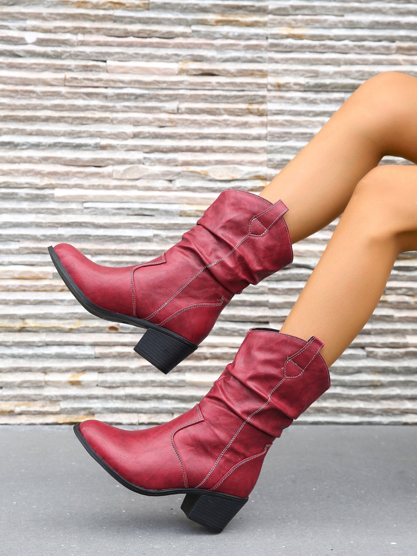 Middle heel pleated high heel round head middle tube stacked boots