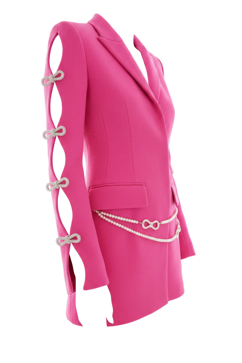 Diamond Bow Sleeve Pearl Belt Mini Dresses