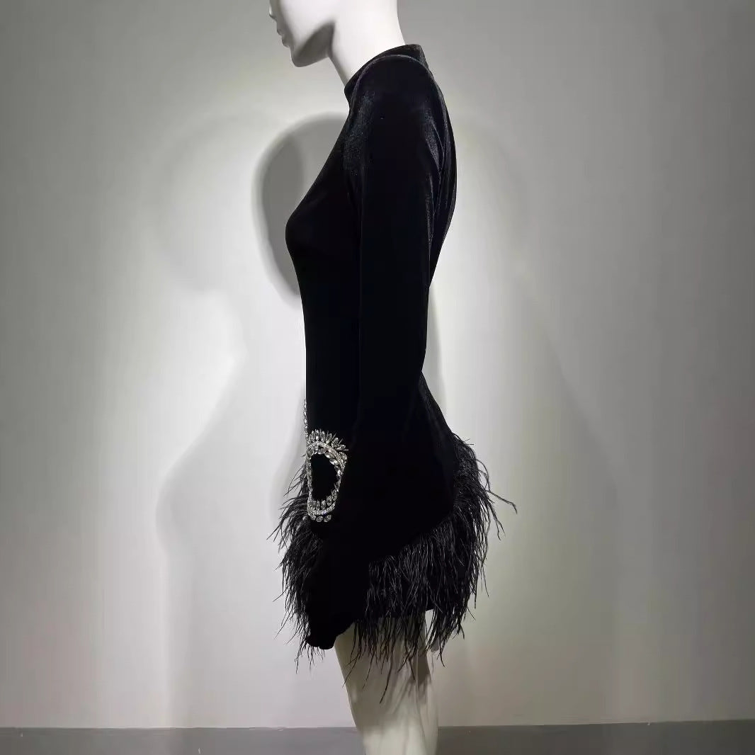 Feather Skirt Black Shoulder Padded Short Dress
