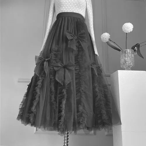 High-End Mesh Long Skirt Handmade Bow Gauze Skirt Fairy High Waist Slimming Umbrella Skirt Designer Model Skirt Evening Dresses