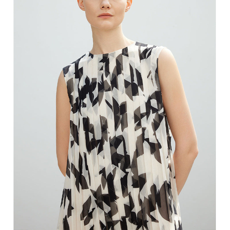 Vintage Salt-Style Elegant Piano Pleat Printed Unique Sleeveless Dress