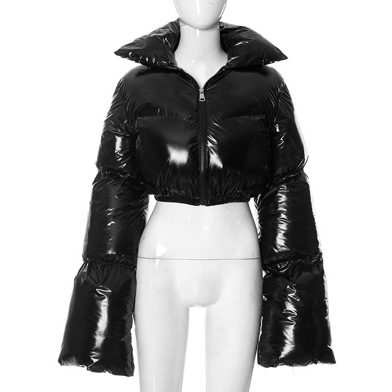 Joskaa Metallic Shiny Solid Parkas Women Hipster Lapel Long Sleeve Zipper Crop Padded Jackets 2023 Winter Harajuku Streetwear