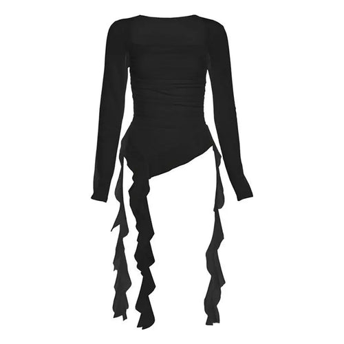 Ruffle Long Sleeve Sexy T-Shirts Fashion Women Y2K Irregular