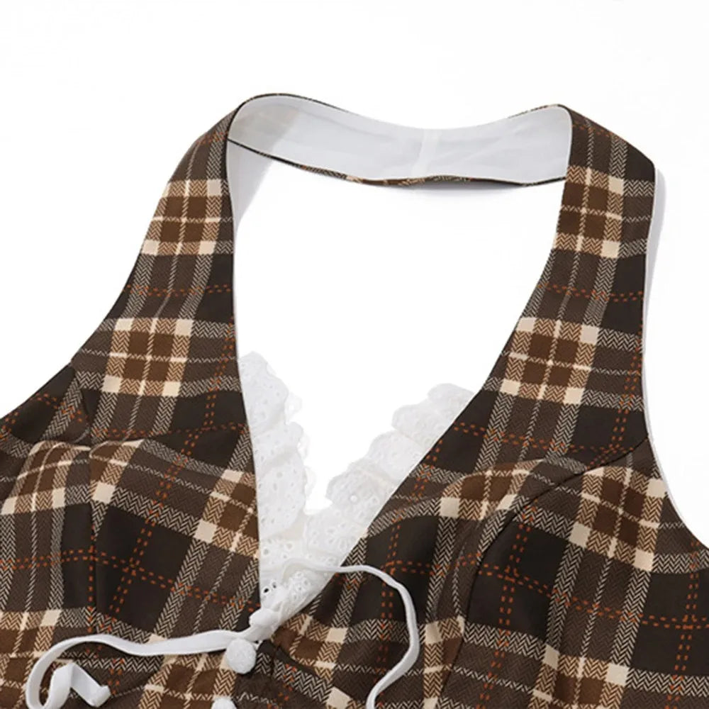 Women's Halterneck Plaid Print Crop Top V-neck Backless Lace Slim Tank