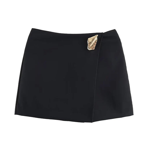 Asymmetry High Waist Mini Skirt Women Fashion Metal Decoration Elegant