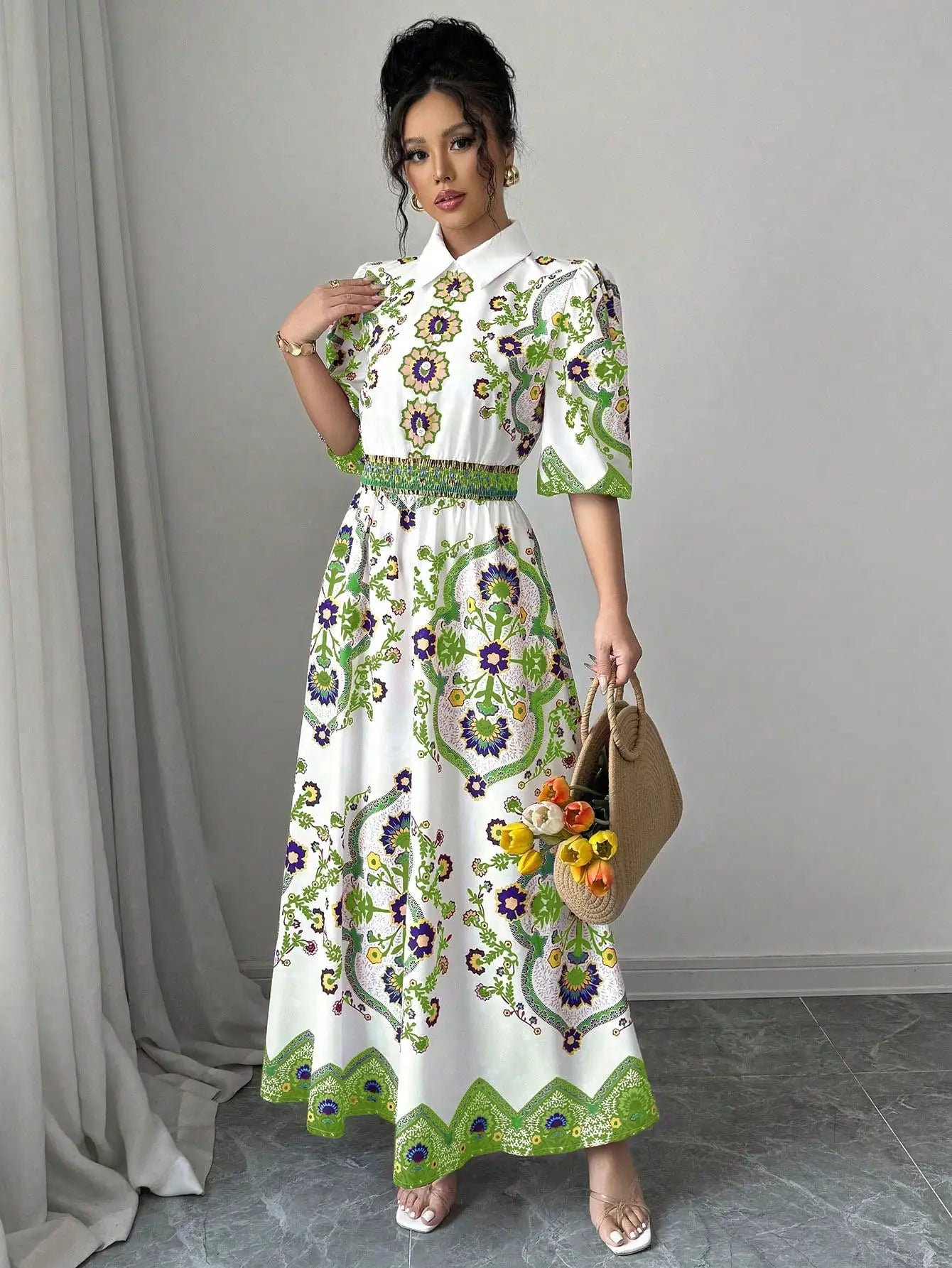 Vintage Floral Totem Print Women's Shirt Dress Elegant Turn Down