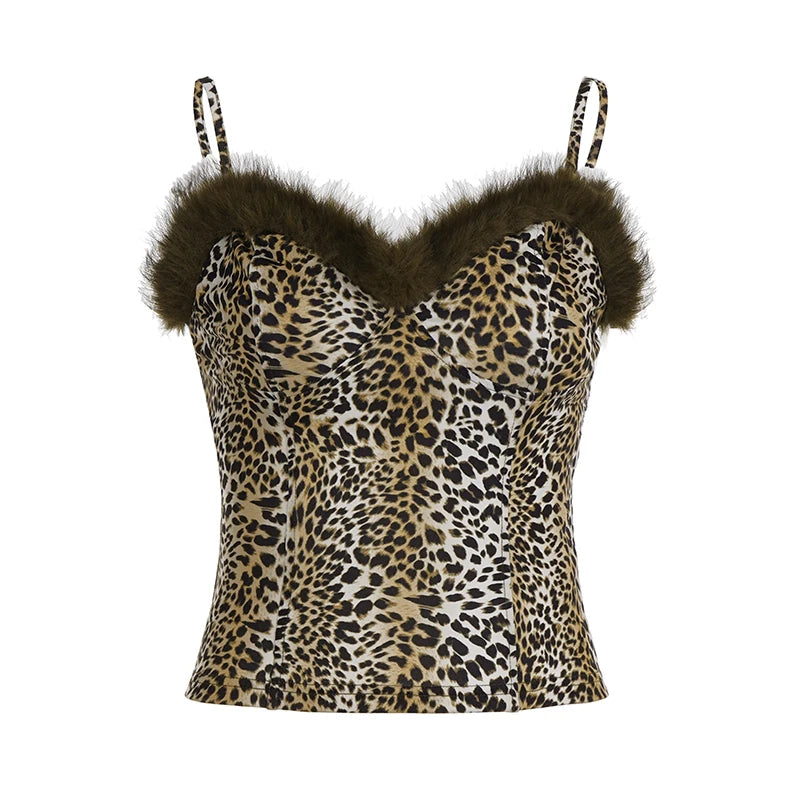 SUCHCUTE Retro Leopard Print Patchwork Faux Fur Trim Cami Tops Women