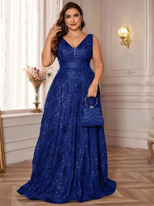 Plus Size Luxury Deep V-Neck Sequins Blue Evening Dress Women Elegant