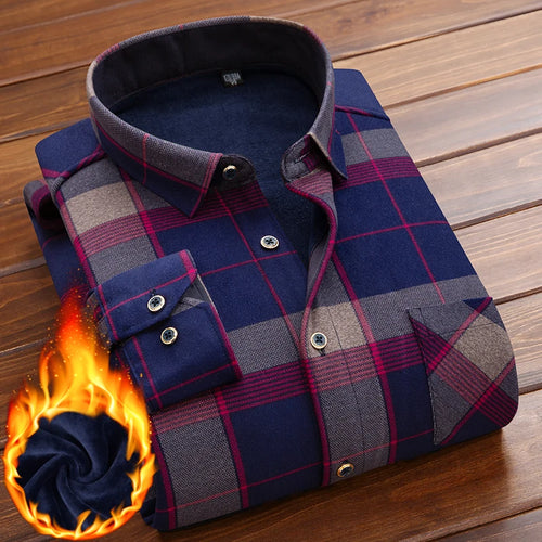 Plaid Printed Shirt Men's Winter Thicken Fleece Warm Long-sleeved