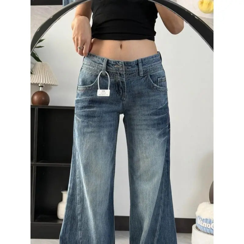 New American Vintage Edgy Low Waist Washed Jeans Women Lightning Crack
