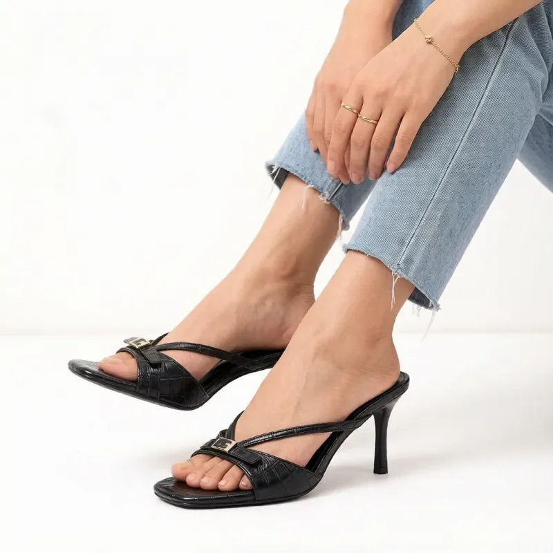 Women's Kitten Heel Mules Square Toe Strappy Sandals Elegant Dressy