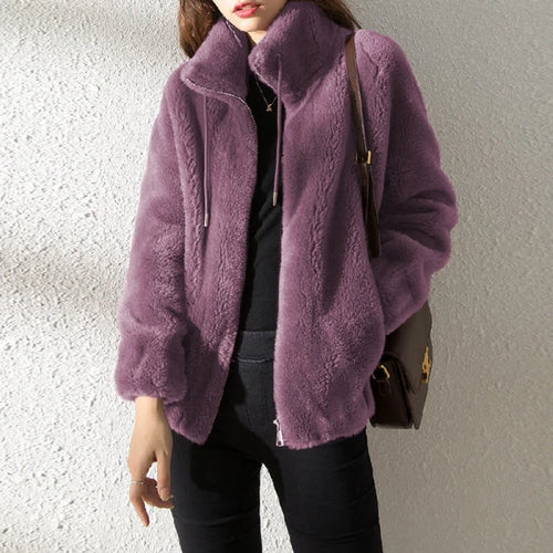 Women Autumn Winter Faux Fur Coats Zipper Cardigan Plush Thick Warm