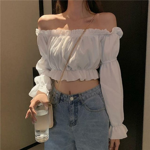 Women Top Sexy Blouse Off Shoulder Top Long Sleeve Club Party White