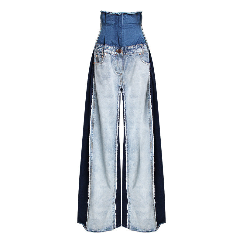 2019 Spring High-Waist Color-Block Wide-Leg Jeans