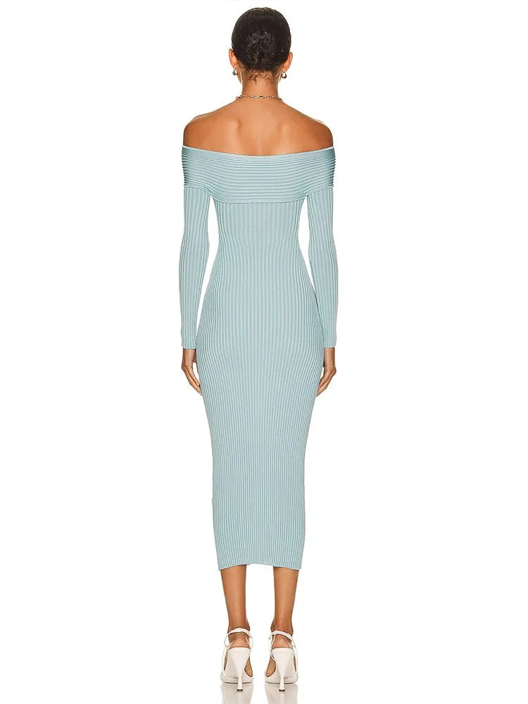 Knitting Temperament Dresses For Women Slash Neck Long Sleeve High Waist Minimalist Slimming Dress Female Clothing
