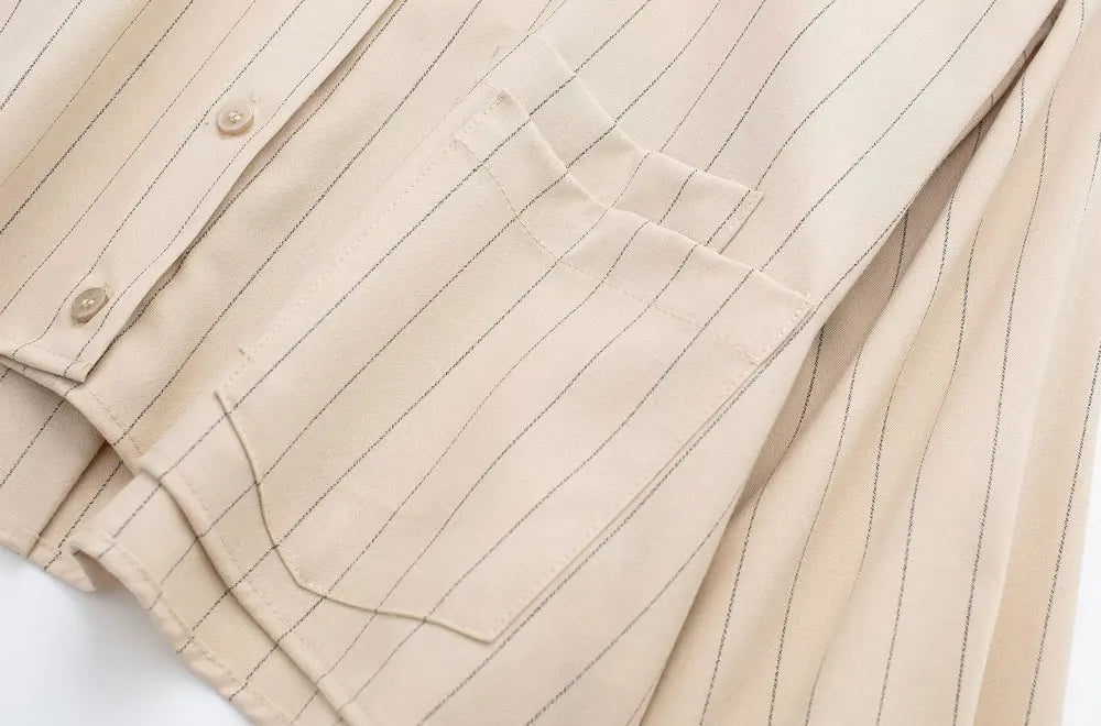 Women Fashion With Pocket Pinstripe Crop Shirts Vintage Long Sleeve Front Button Female Blouses Blusas Chic Tops