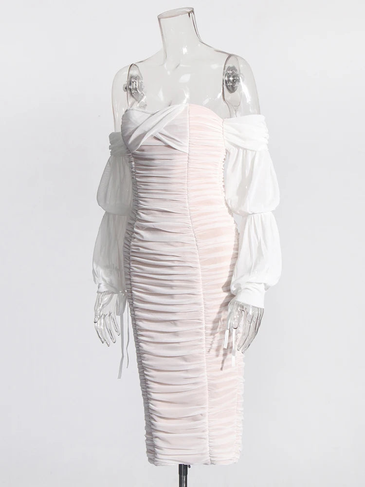 Solid Spliced Folds Elegant Dresses For Women Strapless Long Sleeve Off Shoulder High Waist Split Slim Dress Female
