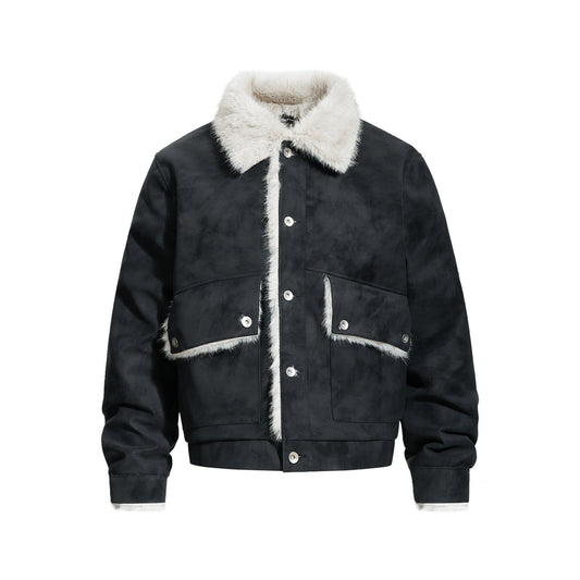 Velvet leather stand up collar lapel pocket jacket