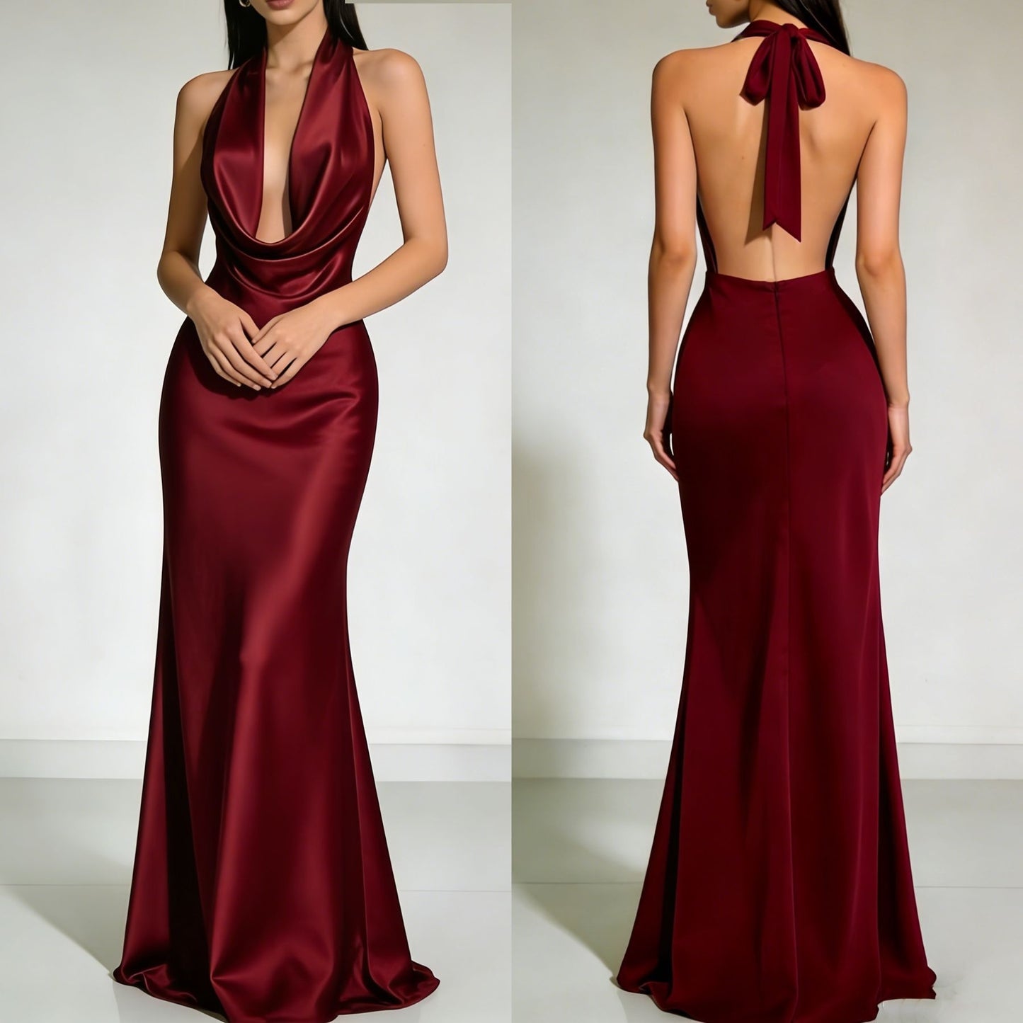 Solid color Strapless  Backless  Satin Evening dress Long dress