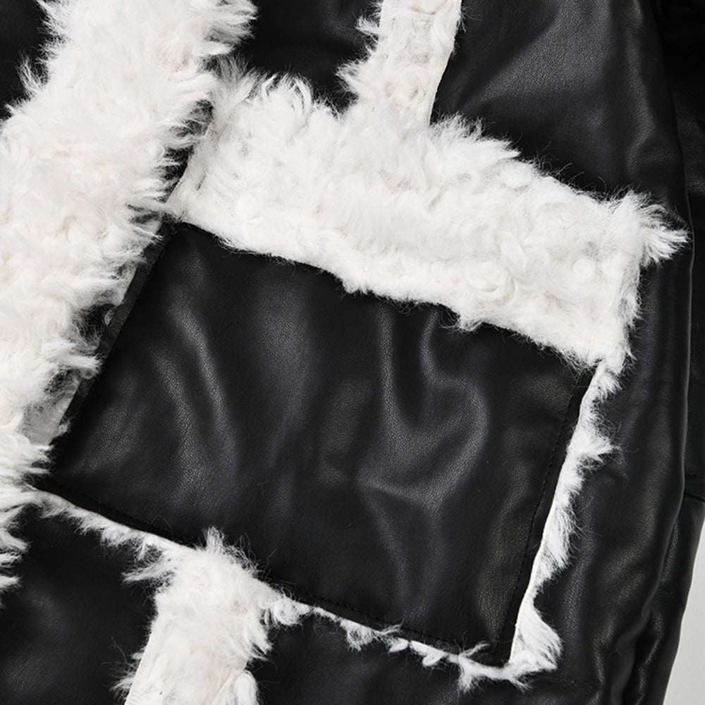 Women's Lamb Wool Splicing Trench Lapel Single Breasted Mid-ccalf Full Sleeve Black Suede Windbreak