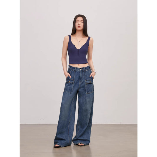 "Silent Deep Sea"Washed Vintage Blue Straight-leg Workwear Jeans for