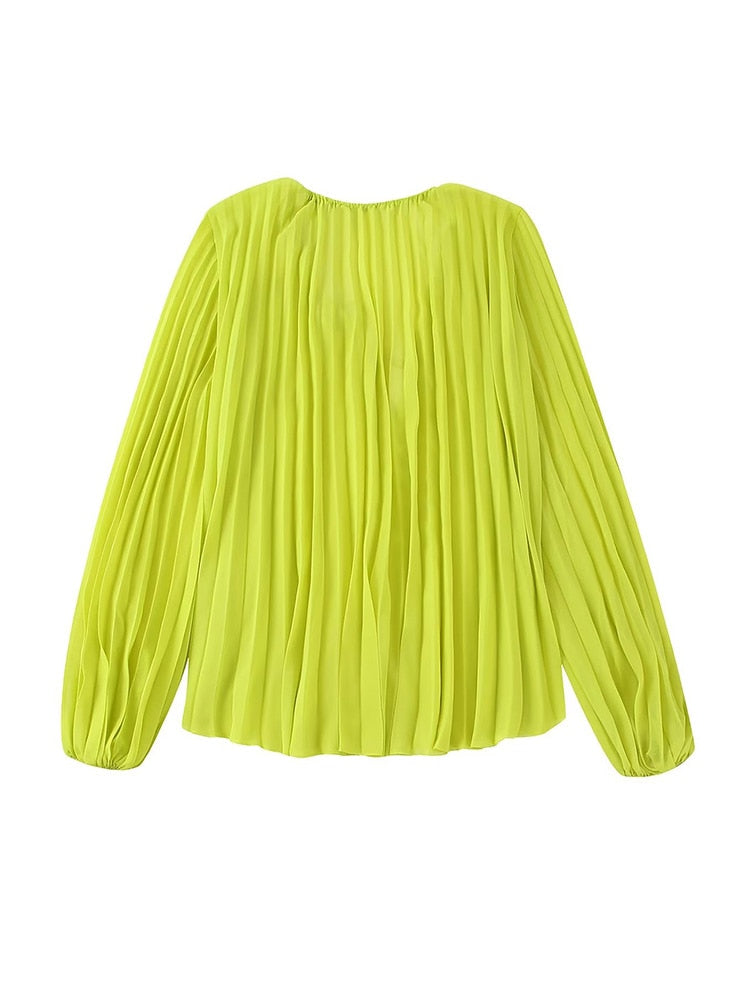 Fashion Women Pleated Blouses Autumn Casual O-neck Loose Tops Vintage Fashion Oversize Long Sleeve T-Shirts