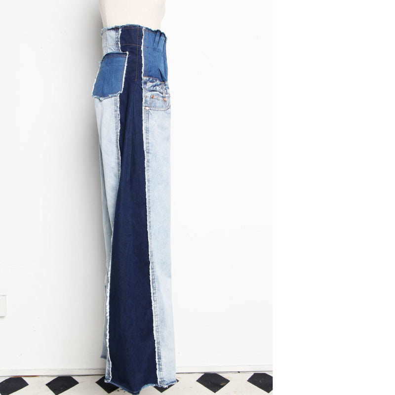 2019 Spring High-Waist Color-Block Wide-Leg Jeans