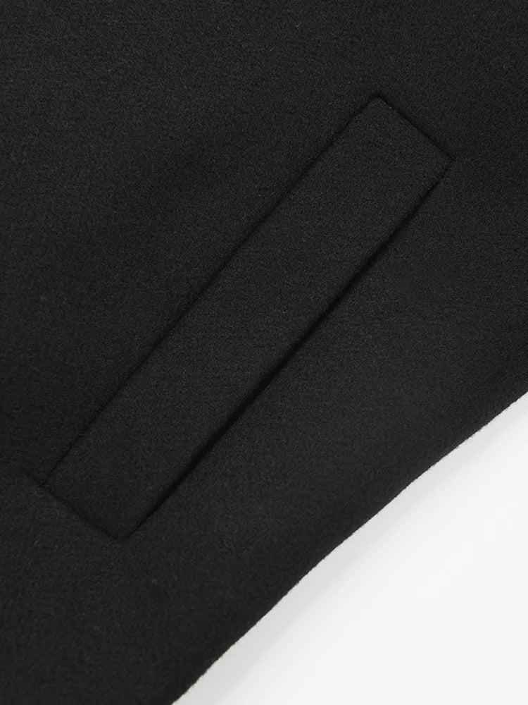 Black Pu Leather Big Size Long Woolen Coat New Lapel Long Sleeve Women Jacket Fashion Tide Autumn Winter