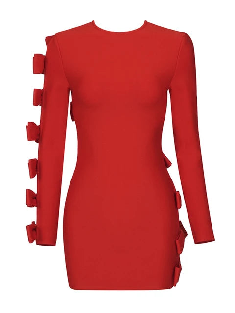 Solid Patchwork Bowknot Hollow Out Slimming Dresses For Women Round Neck Long Sleeve High Waist Mini Dress Female